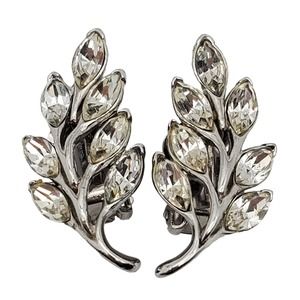 Bogoff Clear Rhinestone Leaf Earrings Screw Back Vintage 1960s SIlver Tone